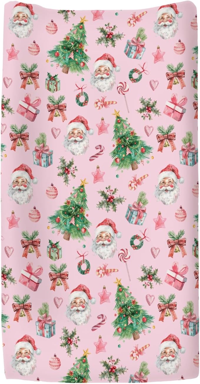 Pink Santa Christmas Trees Baby Changing Pad Covers for Boy Girl Santa Gifts Pine Fir Leaves Candy Love Fitted Changing Table Mats Winter Holiday Festive Soft Diaper Change Table Sheets 32''×16''