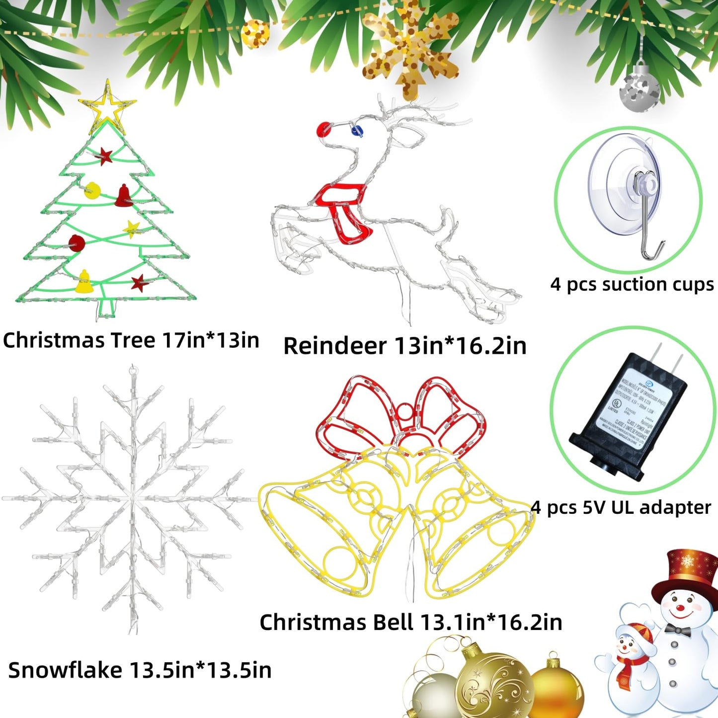 Trwymz Christmas Decorations - 16 Christmas Window Silhouette Lights - 4 Pack Colour Lighted Bell & Snowflake & Reindeer & Christmas Tree For Holiday Indoor And Outdoor Wall Door Window Decorate