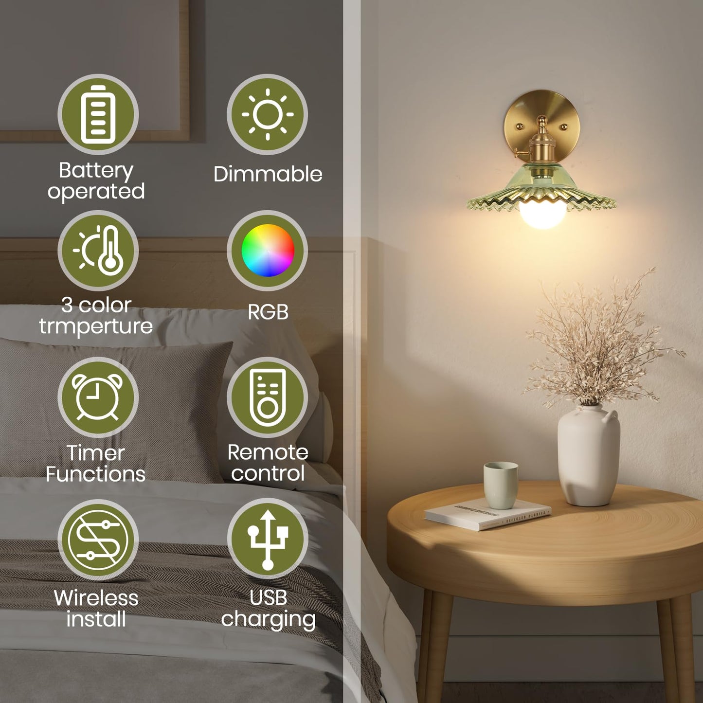 EIDEARAY Battery Operated Wall Sconce - Vintage Green Flower Glass - Remote Control - Ideal for Bedroom, Living Room, Hallway