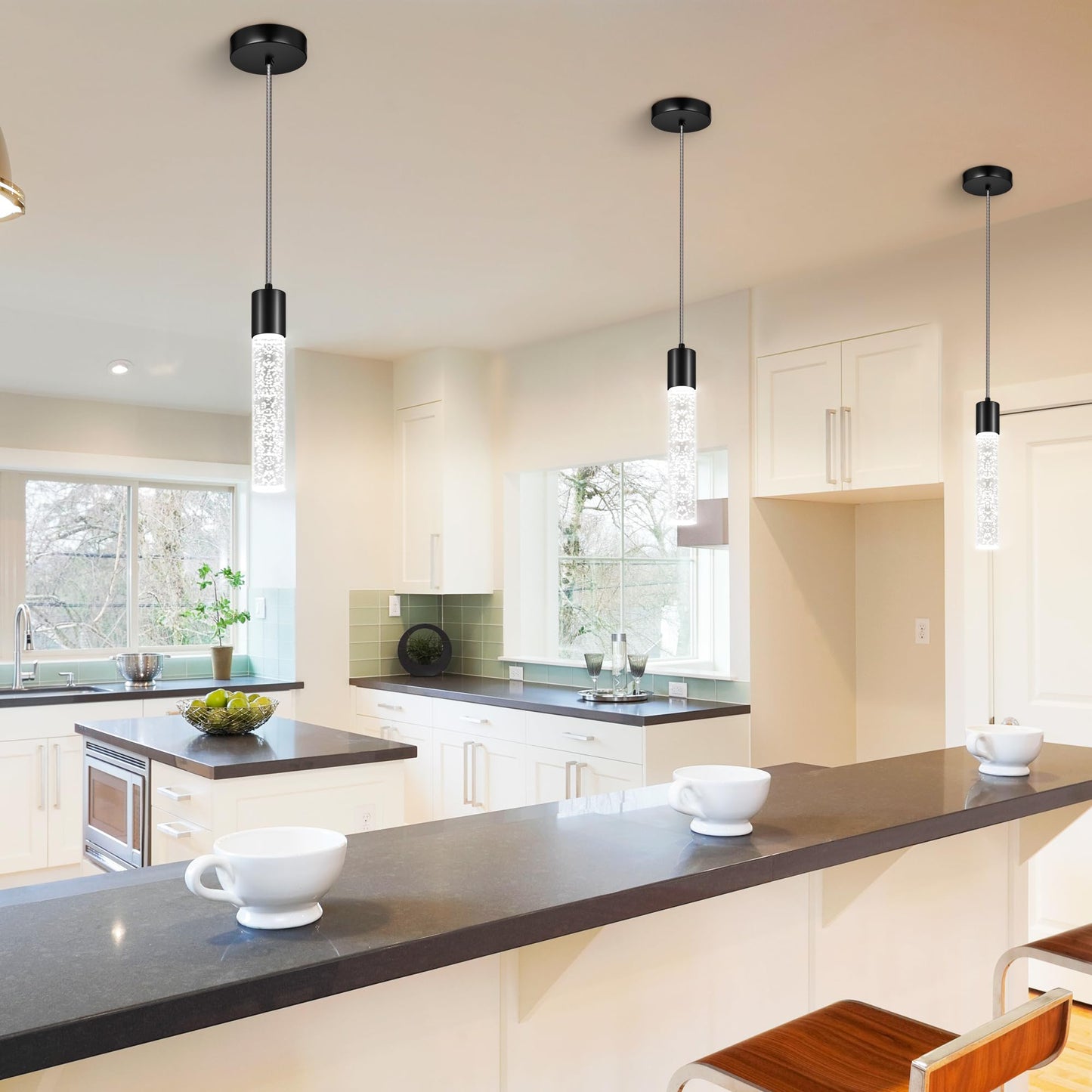 Esfos Pendant Lights Kitchen Island  6500K Modern Kitchen Island Lights Brushed Black  3 Pack Ceiling Lighting Fixtures With Crystal Bubble  Integrated Led Hanging Light For Dining Room Restaurant
