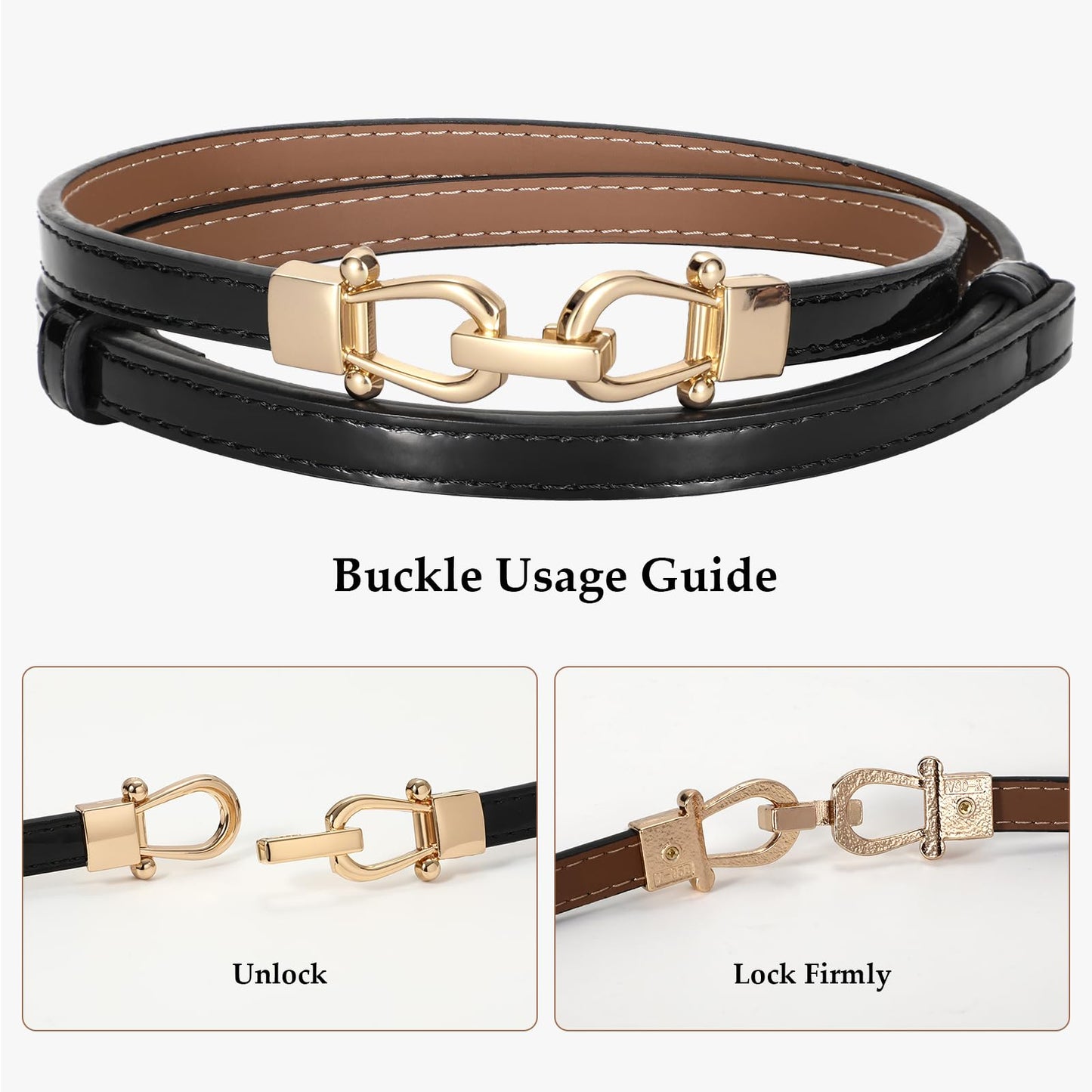 WERFORU 2 Pack Women Skinny Belt for Dress,Thin Waist Belt - Adjustable Leather Belt with Gold Buckle, Brown+Black, Fit Waist Size below 37 Inches-