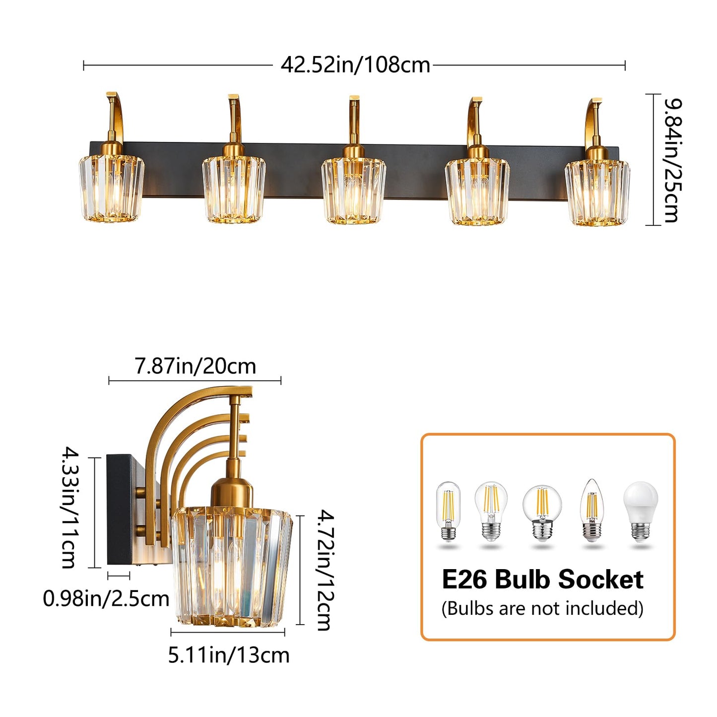 Fdpby Modern Bathroom Vanity Light  5-Light Black Gold Wall Sconce With Crystal Accents  Over Mirror Bathroom Lighting Fixture  42.52 Long Dimmable Vanity Lamp For Makeup  Easy Installation