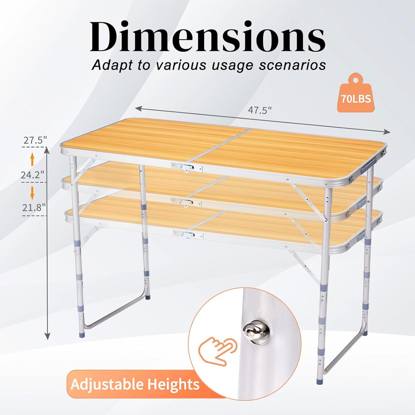 4.0 Ft Folding Portable Camping Table with Three Adjustable Heights, RV Tables for Inside a Camper, Outdoor, BBQ, Dining, Picnic, Beach, Garden, Party, Yellow