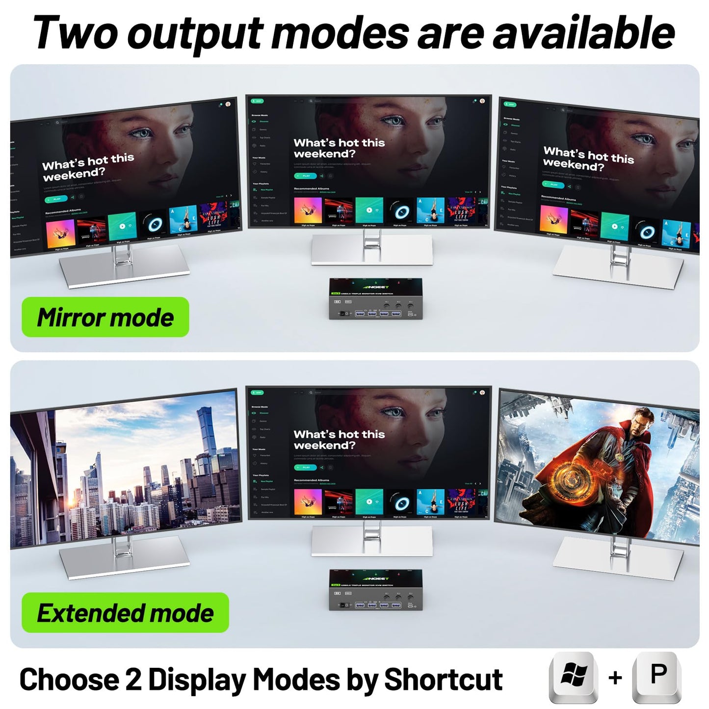 KVM Switch 3 Monitors 3 Computers 8K@60Hz 4K@144Hz, ANGEET HDMI and Displayport Triple Monitor KVM Switch, 3 Monitors KVM with 4 USB 3.0 Ports for USB Devices, Wired Remote and Power Adapter Included