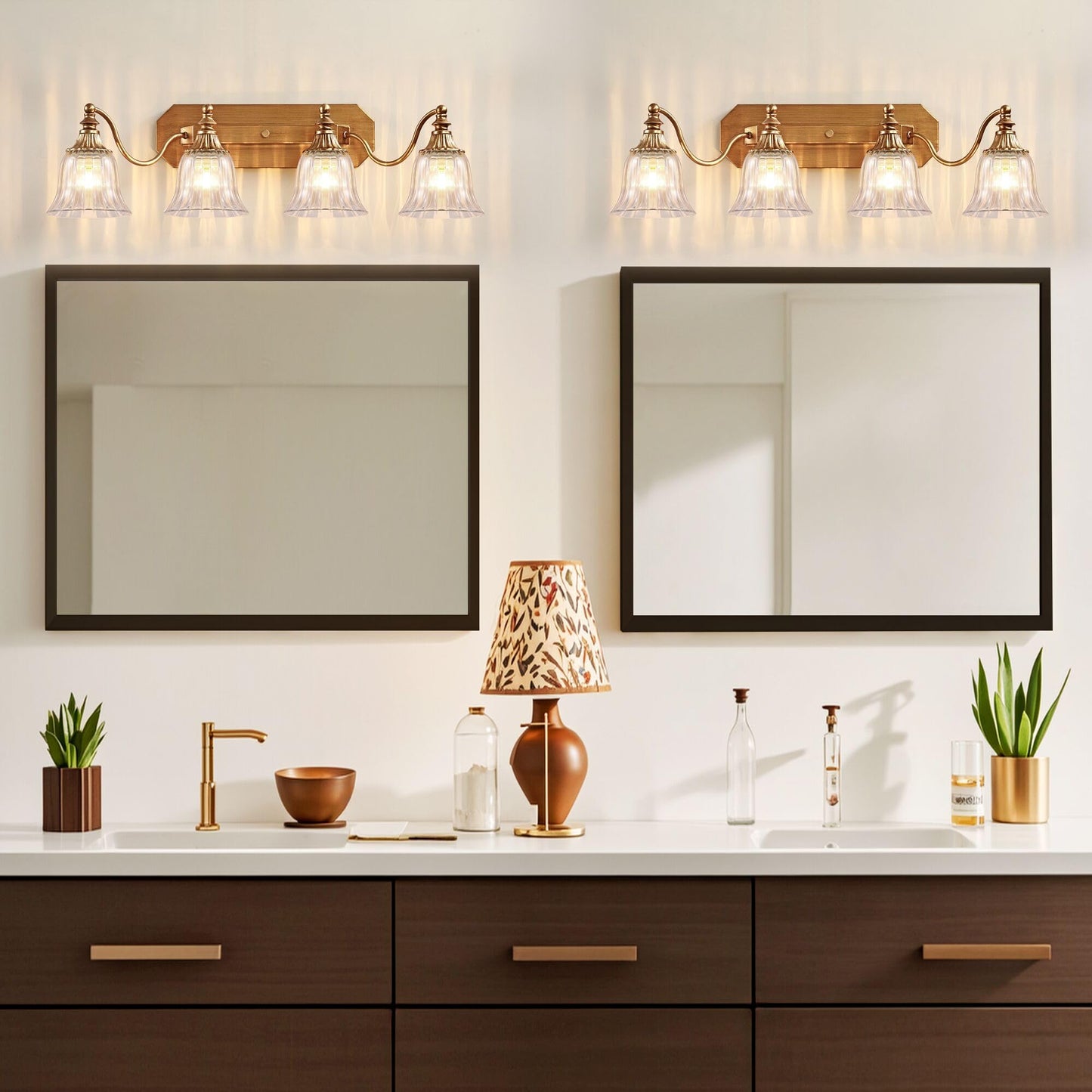 Dvmteom Gold Vintage Bathroom Light Fixtures  4-Lights Bathroom Vanity Light  Antique Brushed Gold Lighting Fixtures Over Mirror With Crystal Glass Shade  Wall Sconce Lighting