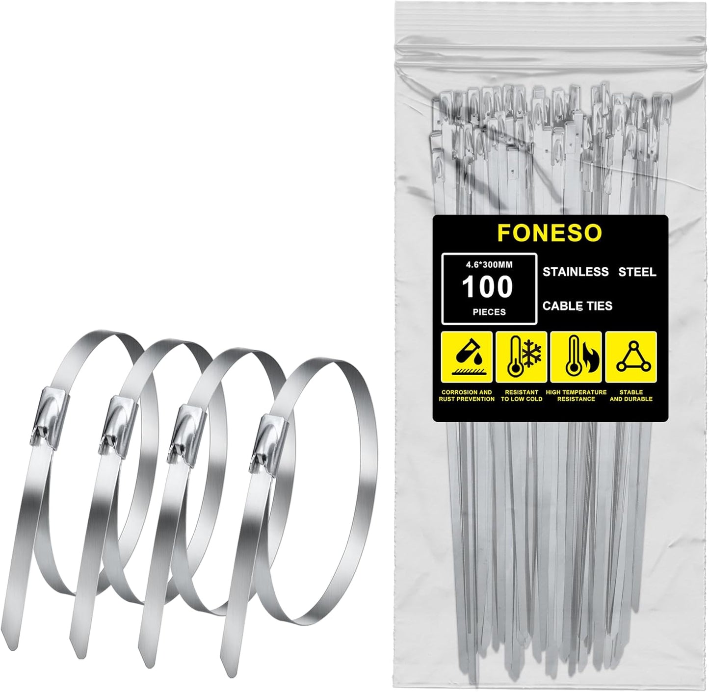 Stainless Steel Zip Ties 11.8 inch 100pcs, 304Stainless Steel Metal Zip Ties Multi-Purpose Heavy Duty Self-Locking Cable Ties for Machinery, Fence, Vehicles, Farms, Cables, Pipesas Well