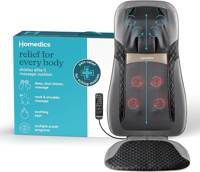 HoMedics Back Massager with Heat, Shiatsu Elite II Heated Neck and Back Massage Cushion. 3 Different Massage Styles and 3 ...