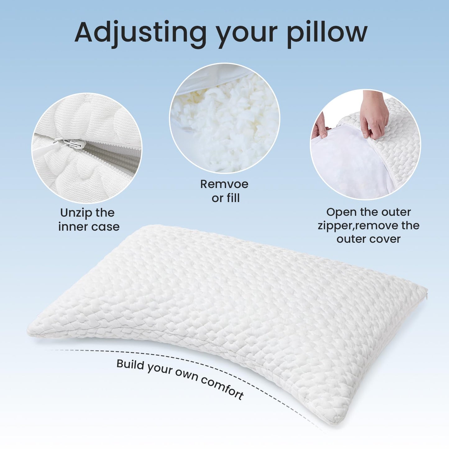 TWK Original Adjustable Bed Pillow for Sleeping, Good for Side, Back & Stomach Sleeper with Washable Removable Cover, Additional Foam Fill Included (White, Queen(1 Pack)-20.5"*30.5")