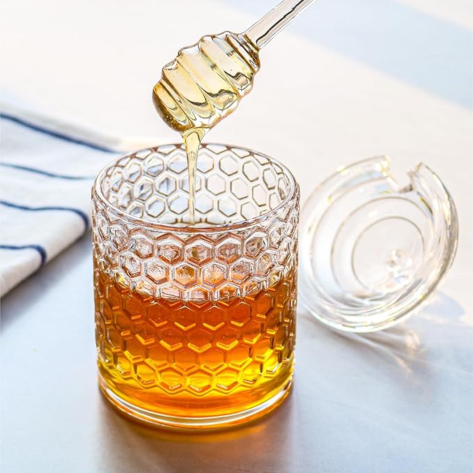 Glass Honey Jar with Lid and Dipper, Honeycomb-Inspired Design Container, Heavy Honey Pot for Home Kitchen (10 oz)