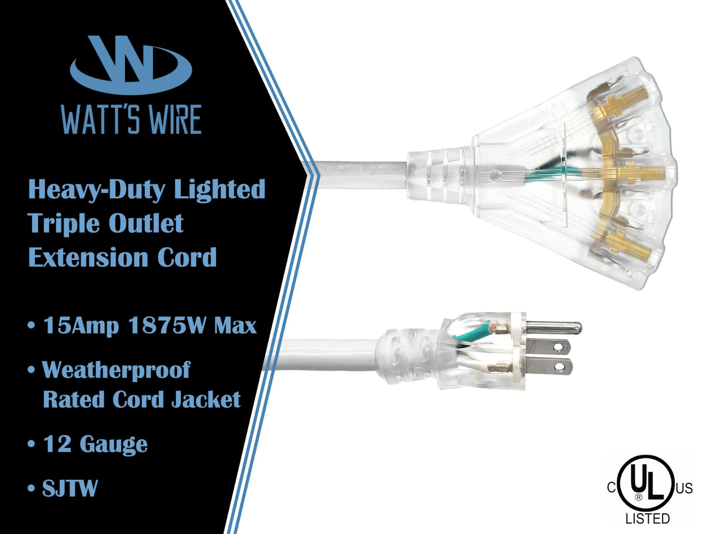 2 Ft - 12 Gauge Heavy Duty Extension Cord - 3 Outlet Lighted Sjtw - Indoor/Outdoor Extension_Cord By Watts Wire - 2 12-Gauge G