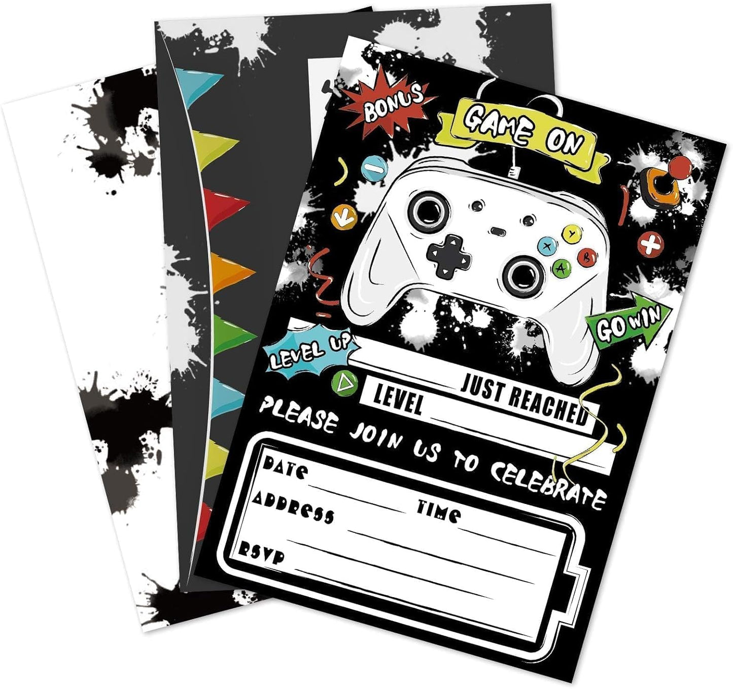 WERNNSAI Watercolor Video Game Party Invites - 20 Set Fill-in Invitations with Envelopes for Boys Game Theme Birthday Party Supplies Double-Sided Printed Invitation Cards