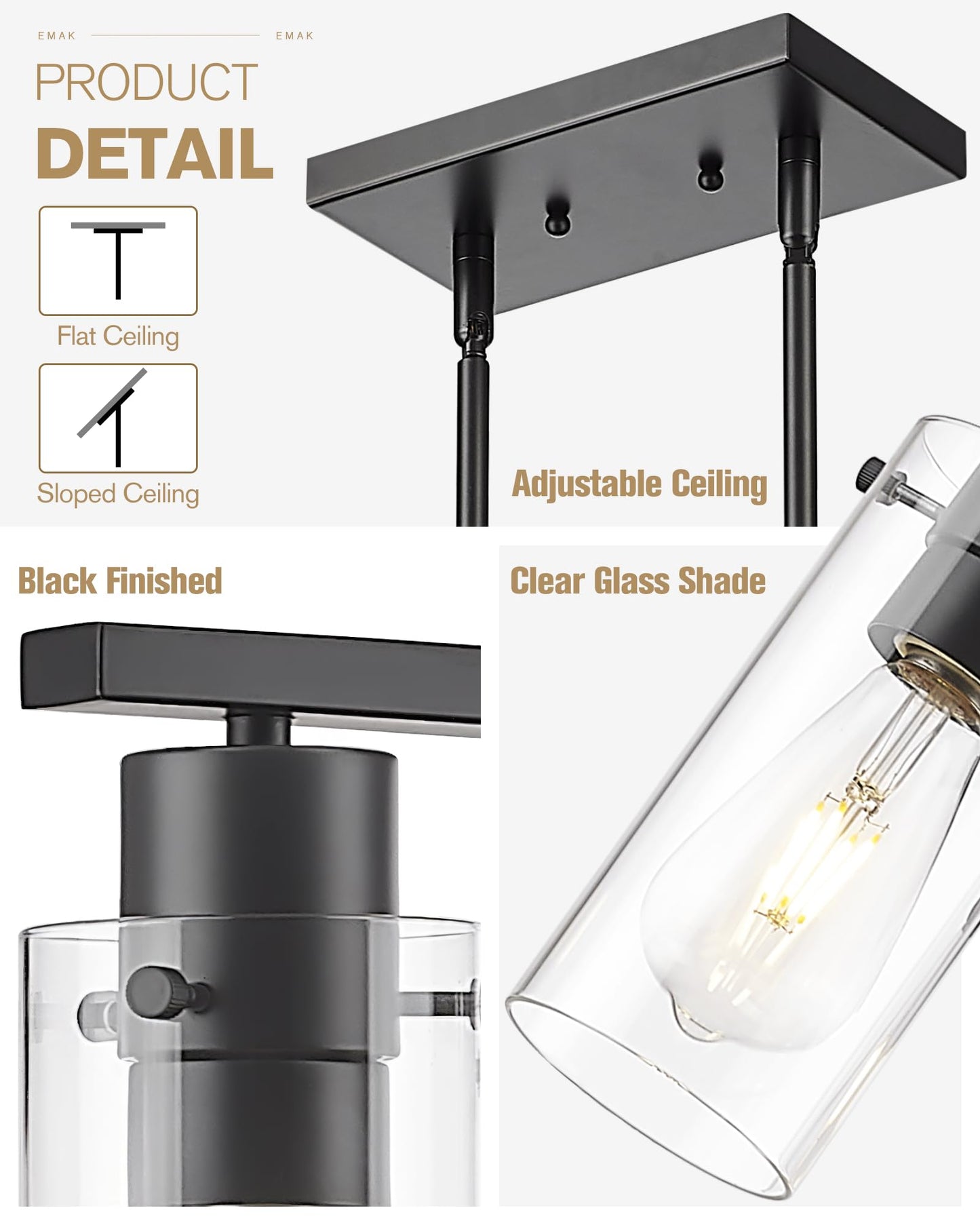 Emak Modern Black Kitchen Island Lighting  4-Light Dining Room Light Fixtures Over Table Farmhouse Linear Chandelier With Clear Glass Shade For Kitchen Dining Room  Pl120-Bkbk-4L-Cg