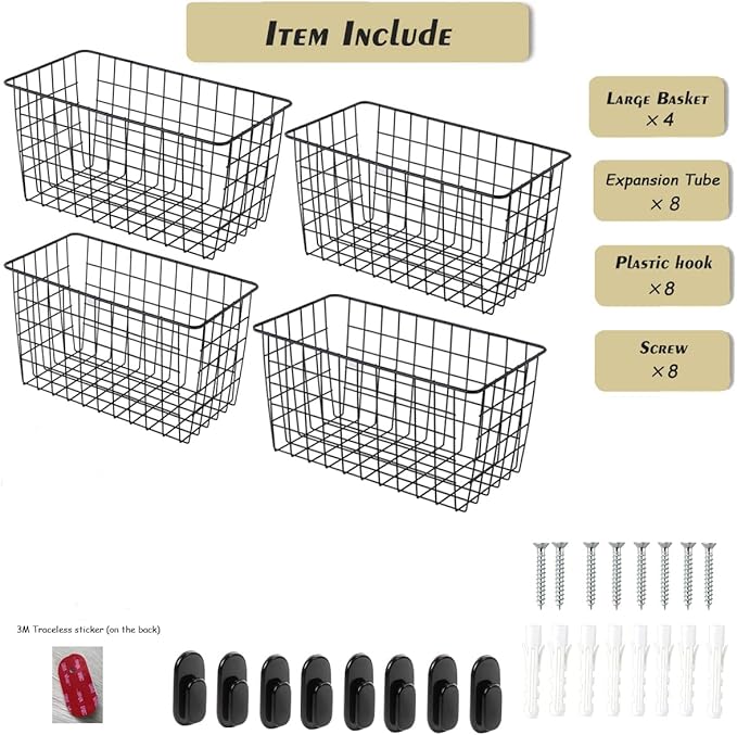 4 Pack【Extra Large】Hanging Kitchen Basket,Wire Storage Basket,with Traceless Tape and 3M High-Strength Plastic Hooks,no Drilling,for Cabinet Storage,Kitchen,Bathroom,Storage Room,large capacity