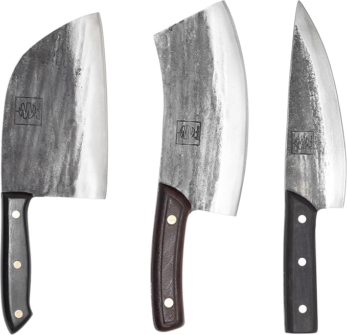 3-Piece Hand-Forged Carbon Steel Kitchen, BBQ Knives – Full Tang Cleaver, Butcher and Cooking Knives