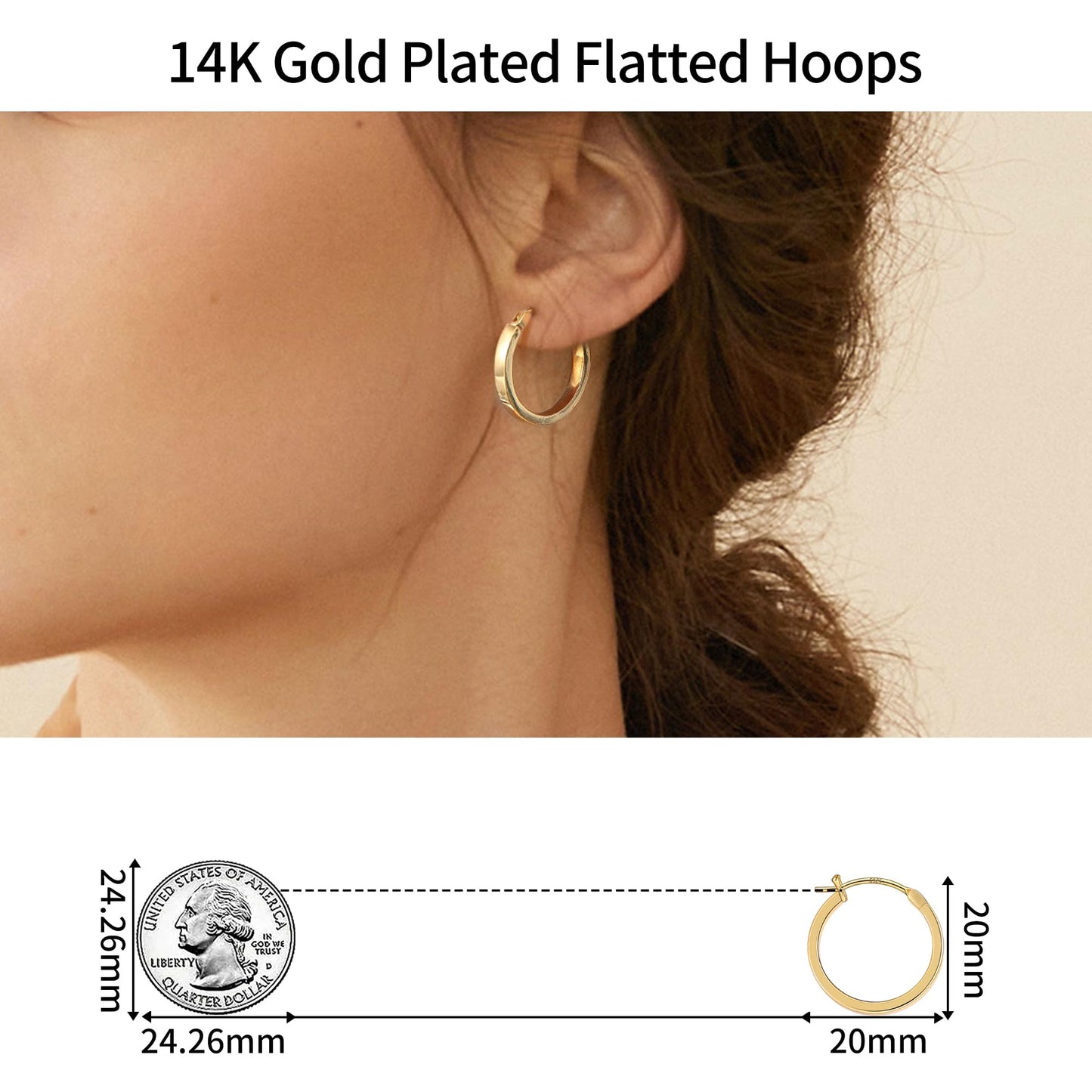 Gacimy Gold Hoop Earrings for Women, 14K Gold Plated Flatted Hoops with 925 Sterling Silver Post, 20mm Medium Earrings for Women
