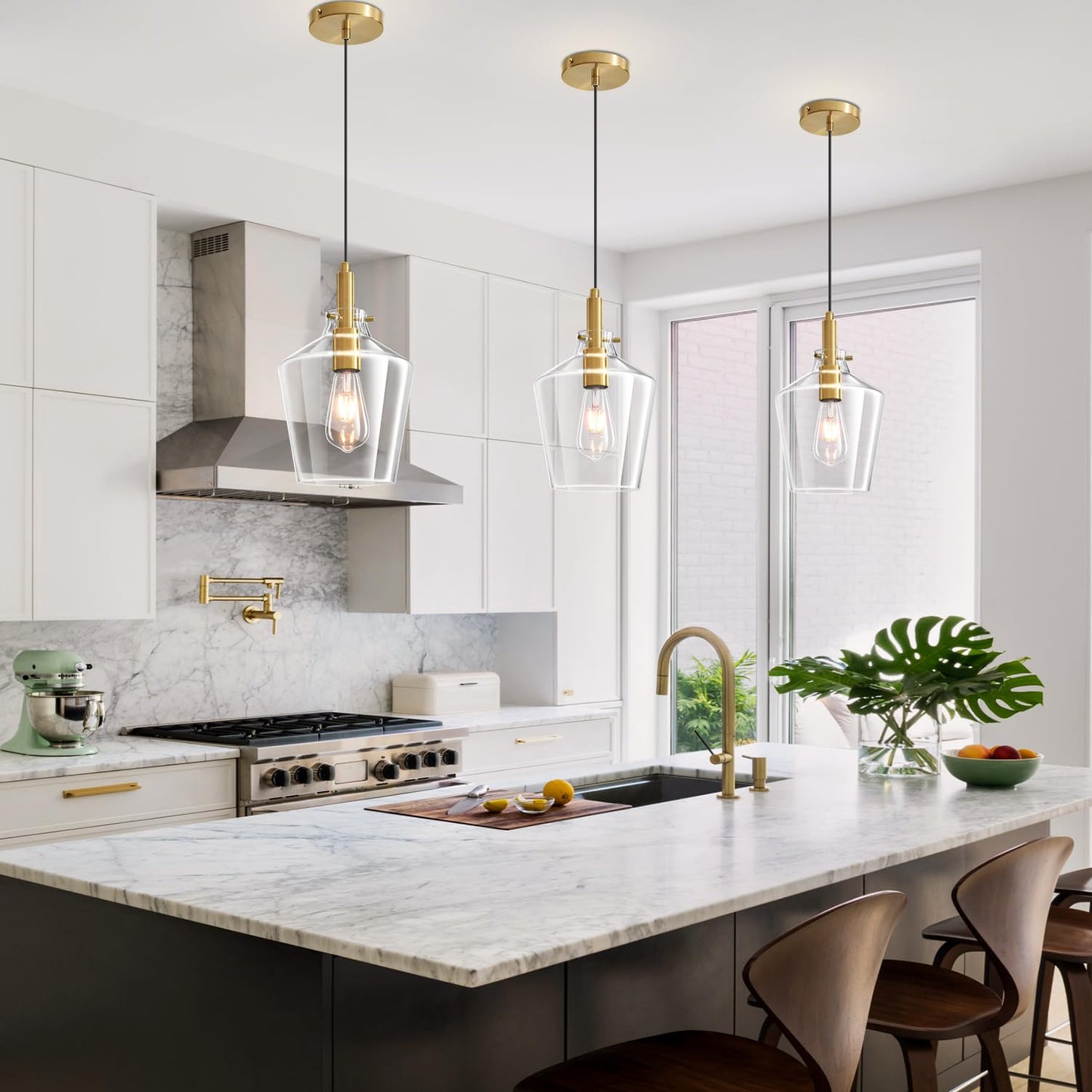 Vaziden Modern Glass Pendant Lighting For Kitchen Island  Farmhouse Gold Pendant Light Fixtures 1 Pack  Adjustable Hanging Ceiling Light Angled Clear Glass Shades 8 Inch