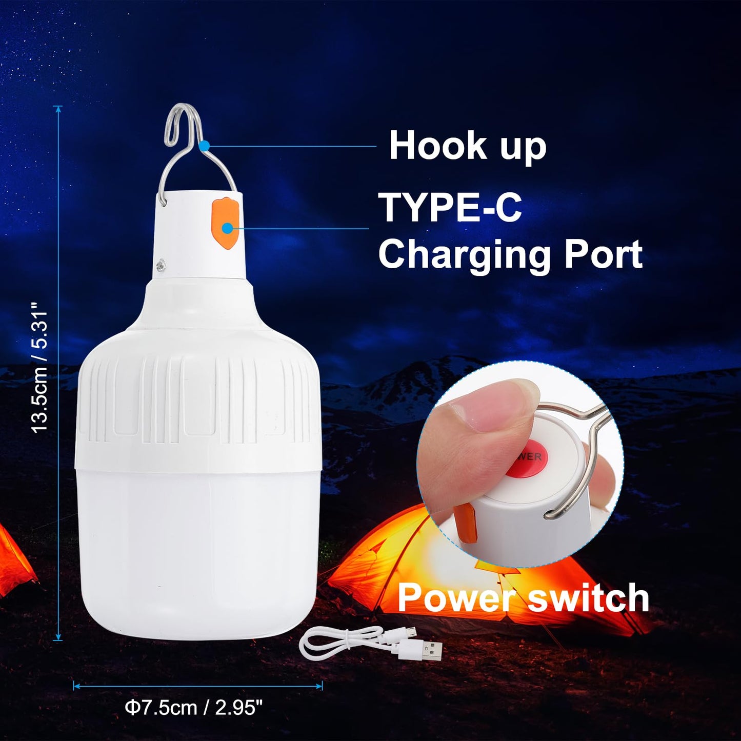 Patikil Camping Lantern  1 Pack Rechargeable Led Tent Lamp Lights Bulb Portable Hanging 3 Lighting Modes 90W With Clip Hook For Camping  Hiking  Fishing  White