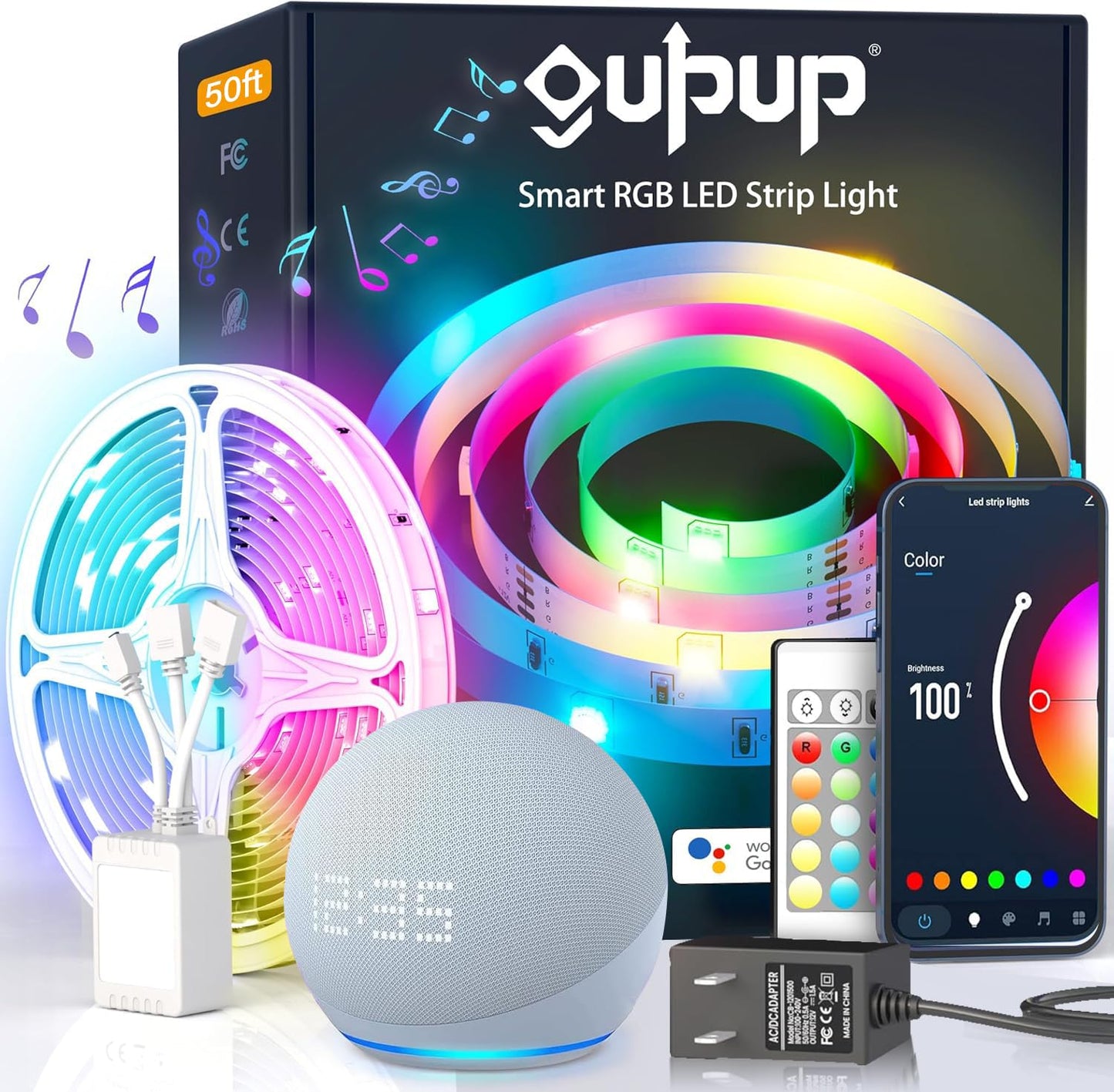 GUPUP WiFi LED Strip Lights 50ft, Multicolor, Smart App Controlled, Works with Alexa/Google Assistant, Model WDFS017