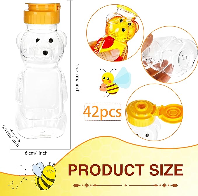 42 Pcs 8 oz Plastic Honey Bear Bottle Clear Honey Squeeze Bottles Empty Dispenser Container with Flip Lid for Storing Dispensing Holiday Wedding Gifts, 2 Colors (Color Set 1)