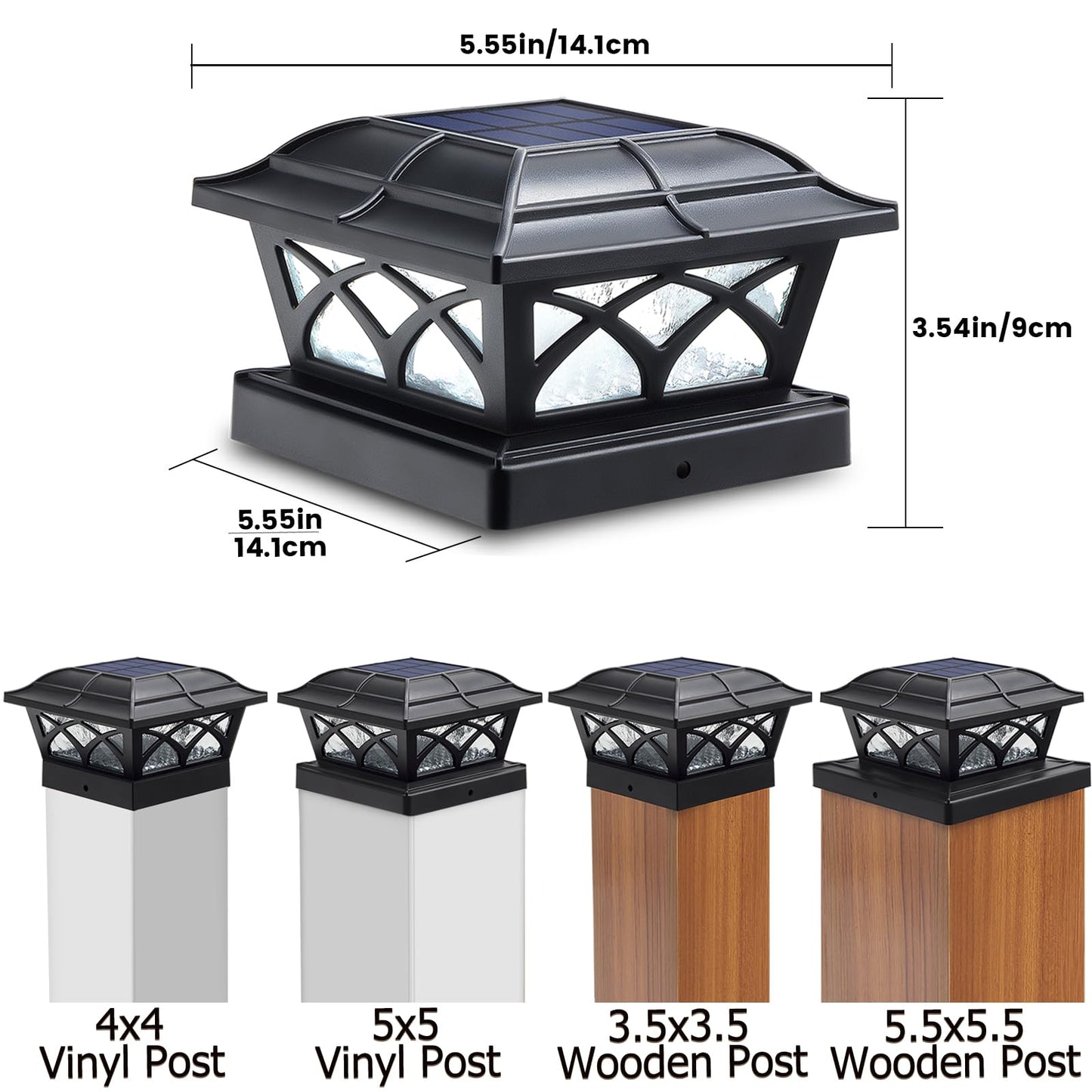 Siedinlar Solar Post Cap Lights, 8 Leds, Glass, Black, 1 Pack, Warm & Cool White, Fits 4X4, 5X5, 6X