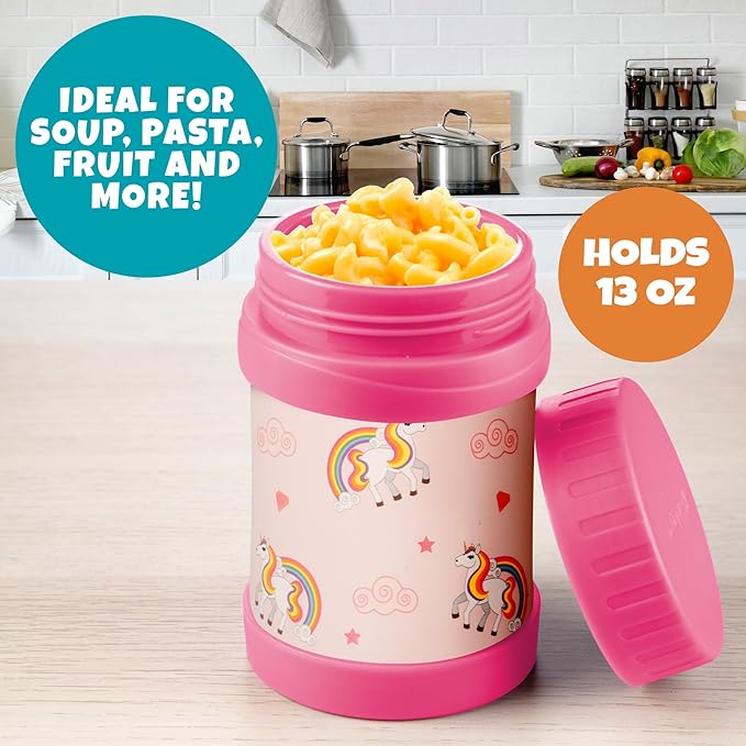 Bentology Stainless Steel Insulated Lunch 13 oz Thermos for Kids – Large Leak-Proof Storage Jar Container for Hot & Cold Food, Soups, Liquids - BPA Free - Fits Most Lunch Boxes and Bags - Unicorn