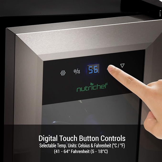 Nutrichef 12 Bottle Stainless Steel Slim Wine Fridge | Red & White Wine Chiller | Adjustable Temperature Control, Ultra Quiet Operation & Energy Efficient | Mini Wine Cooler Refrigerator | 31x10x17 IN