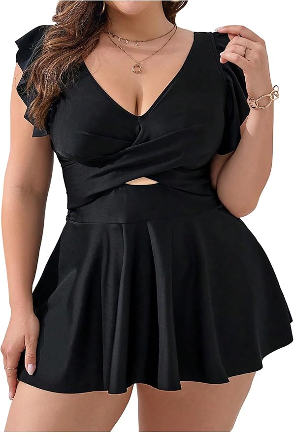 OYOANGLE Women's Plus Size Swimsuit Cover Up Cap Sleeve V Neck Ruffle Swim Dress Coverups