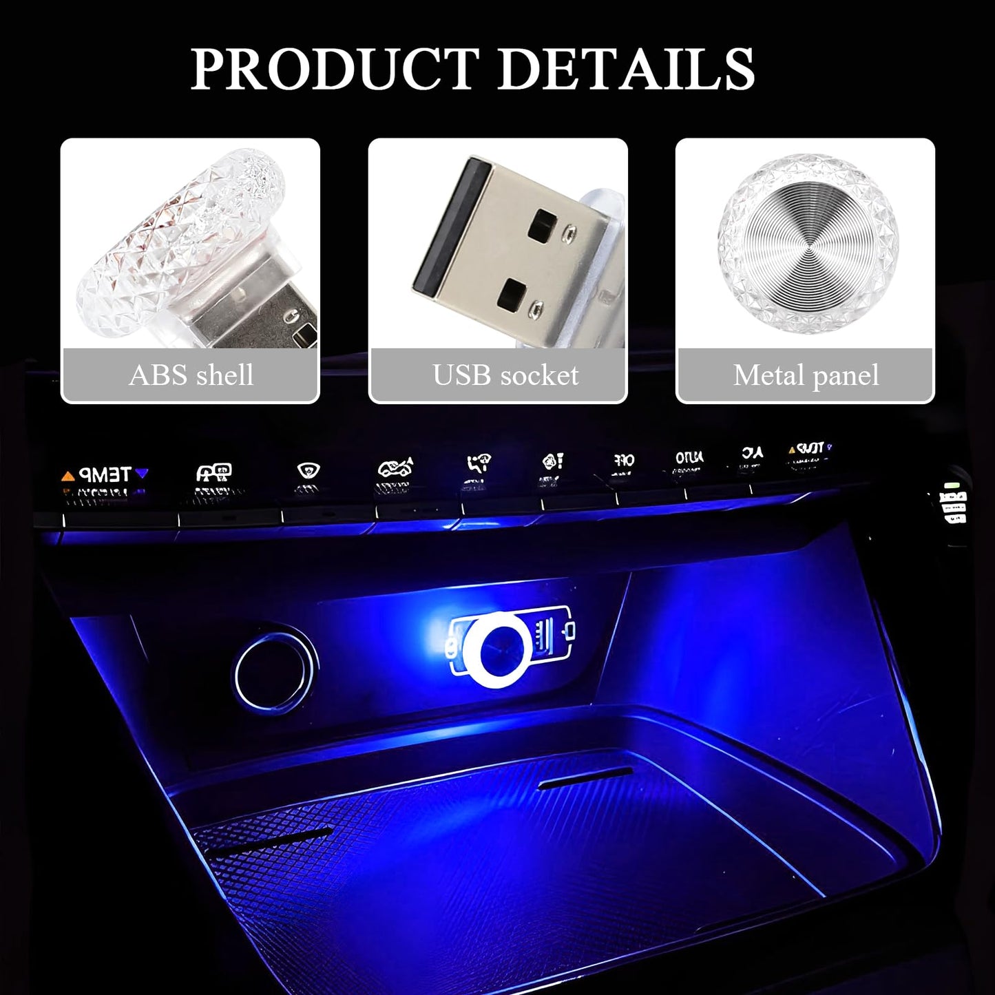 Hovom 4Pcs Usb Led Car Interior Atmosphere Lamp  Portable Mini Car Led Night Light Decoration  Plug-In Usb Automotive Ambient Lighting Kit  Universal For Cars Suvs Trucks Rvs (Blue)