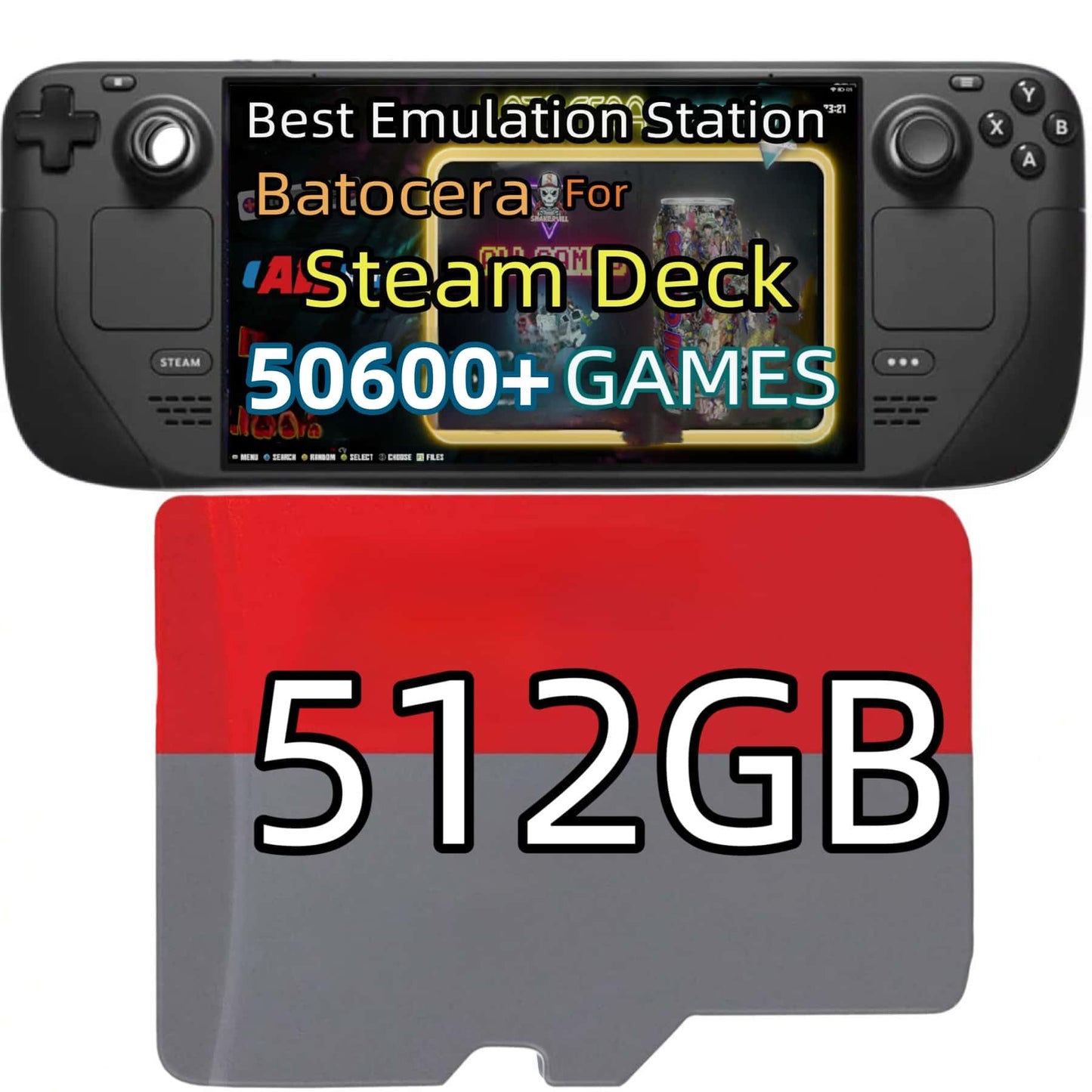 512GB Retro Game Card for Steam Deck - 50600+ Plug and Play Video Games, Included Emulator Console, Batocera 39 Game System Compatible