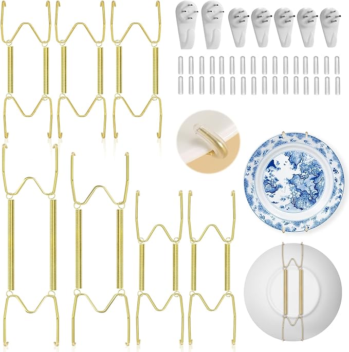 7 Pieces Plate Hangers for Wall - 6/8/10/12 Inch Invisible Plates Hanger, Stainless Steel Plate Holders with 7 Pieces Wall Hooks for 5.5 to 12.5 Inch Decorative Plates and Arts (Gold)