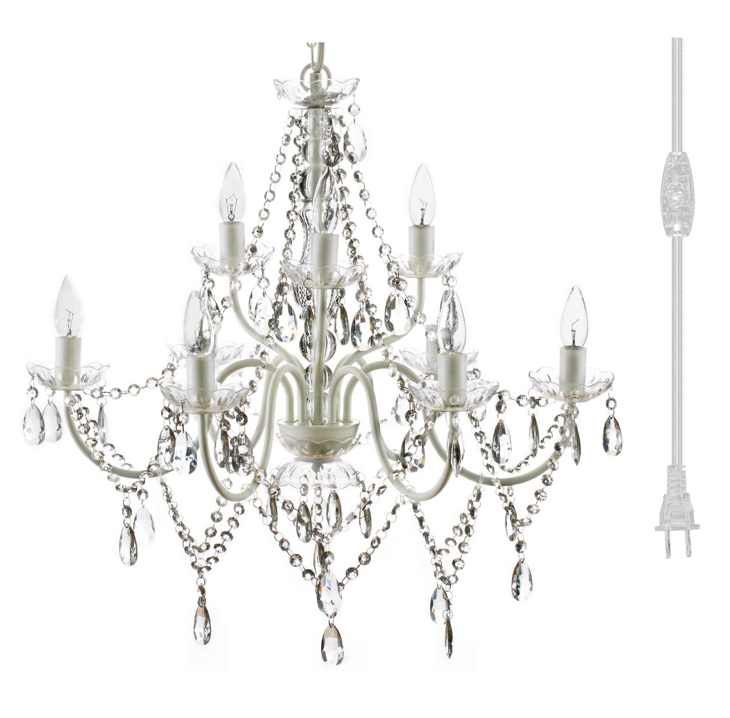 Gypsy Color 9 Light Plug-In Chandelier, Crystal White Metal Frame, Acrylic Crystals, H26”Xw27”, Model Gyxlclp