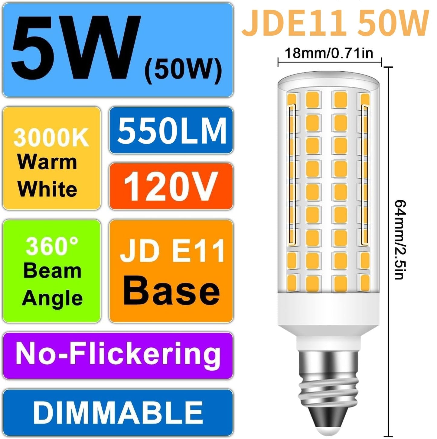 Megereet Jde11 120V 50W Halogen Candelabra Bulb Equivalent E11 Led Bulbs Dimmable 5W 550Lm No-Flicker T3 T4 Mini Base 3000K Warm White E11 Bulb For Ceiling Fan  Cabinet Lighting 2Pcs
