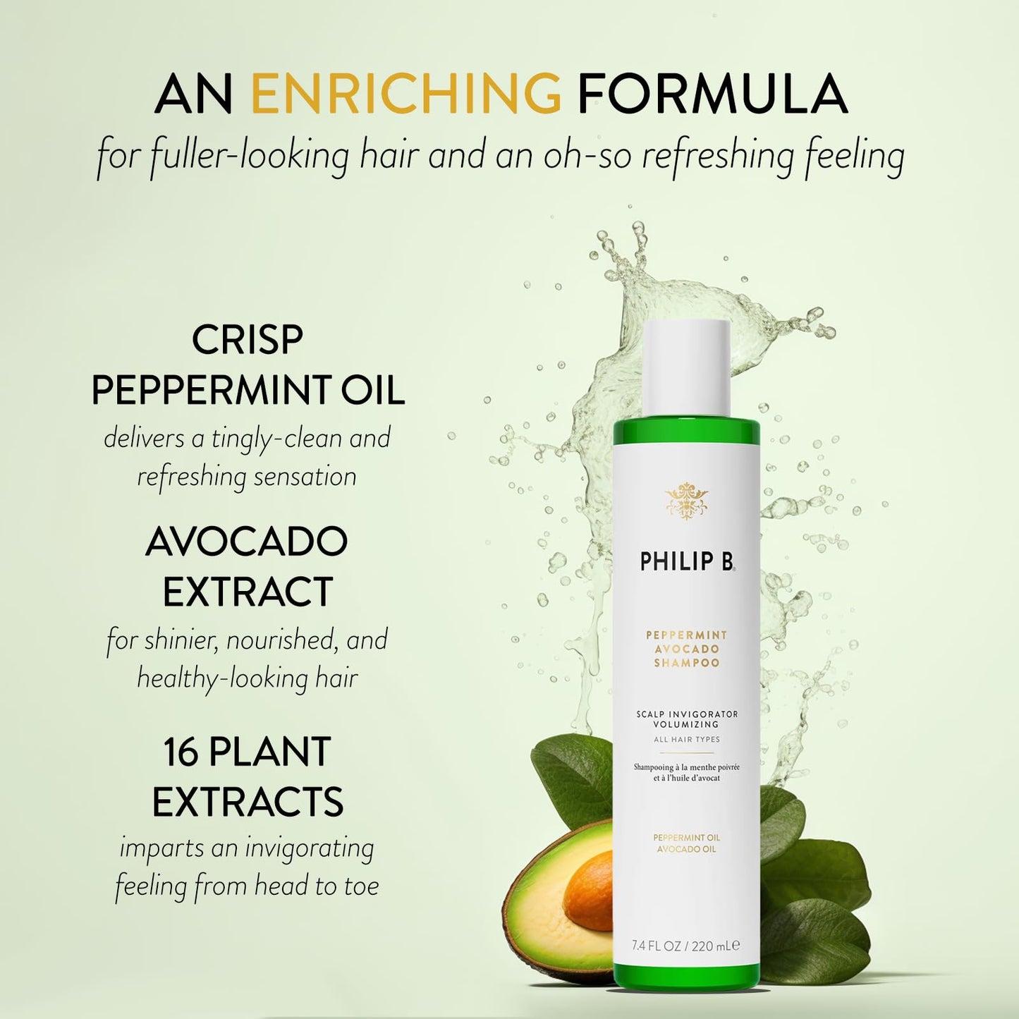 PHILIP B Peppermint Avocado Shampoo 7.4 oz (220 ml) | Volumizing & Clarifying Shampoo Refreshes Scalp and Deep-Cleans Hair