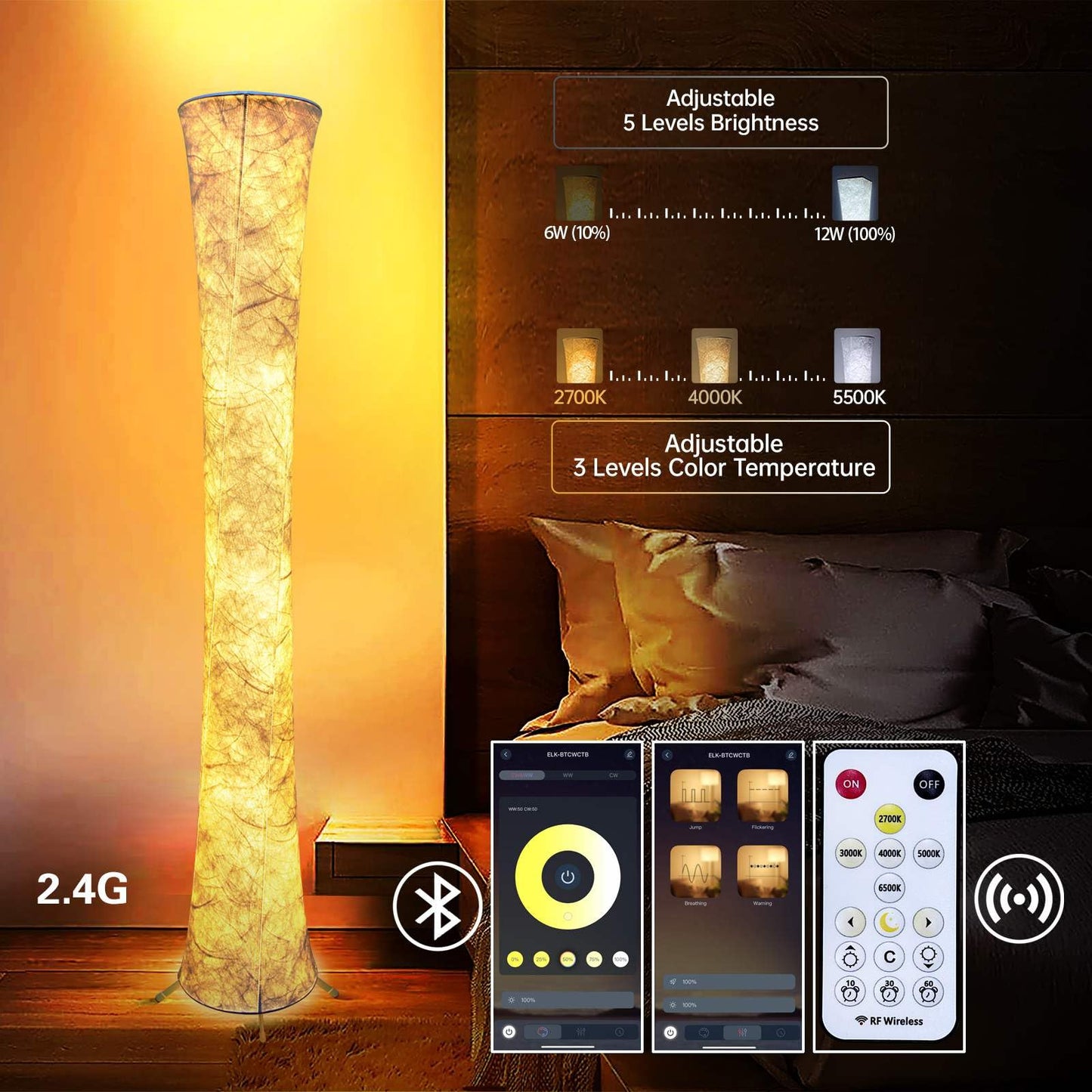 yinghuochong LED Floor Lamp, 61in  Dimmable, 3 Color Temperatures, Remote & APP Control, Modern Design, Tyvek Fabric Shade