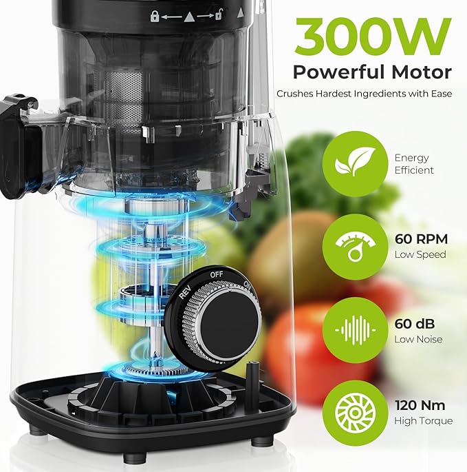 Cold Press Juicer, 5.4" Extra Wide Feed Chute Juicer Machines for Whole Vegetables & Fruits, 98% High Juice Yield, Easy Clean & Install, Compact Slow Masticating Juicer with 300W, Grey