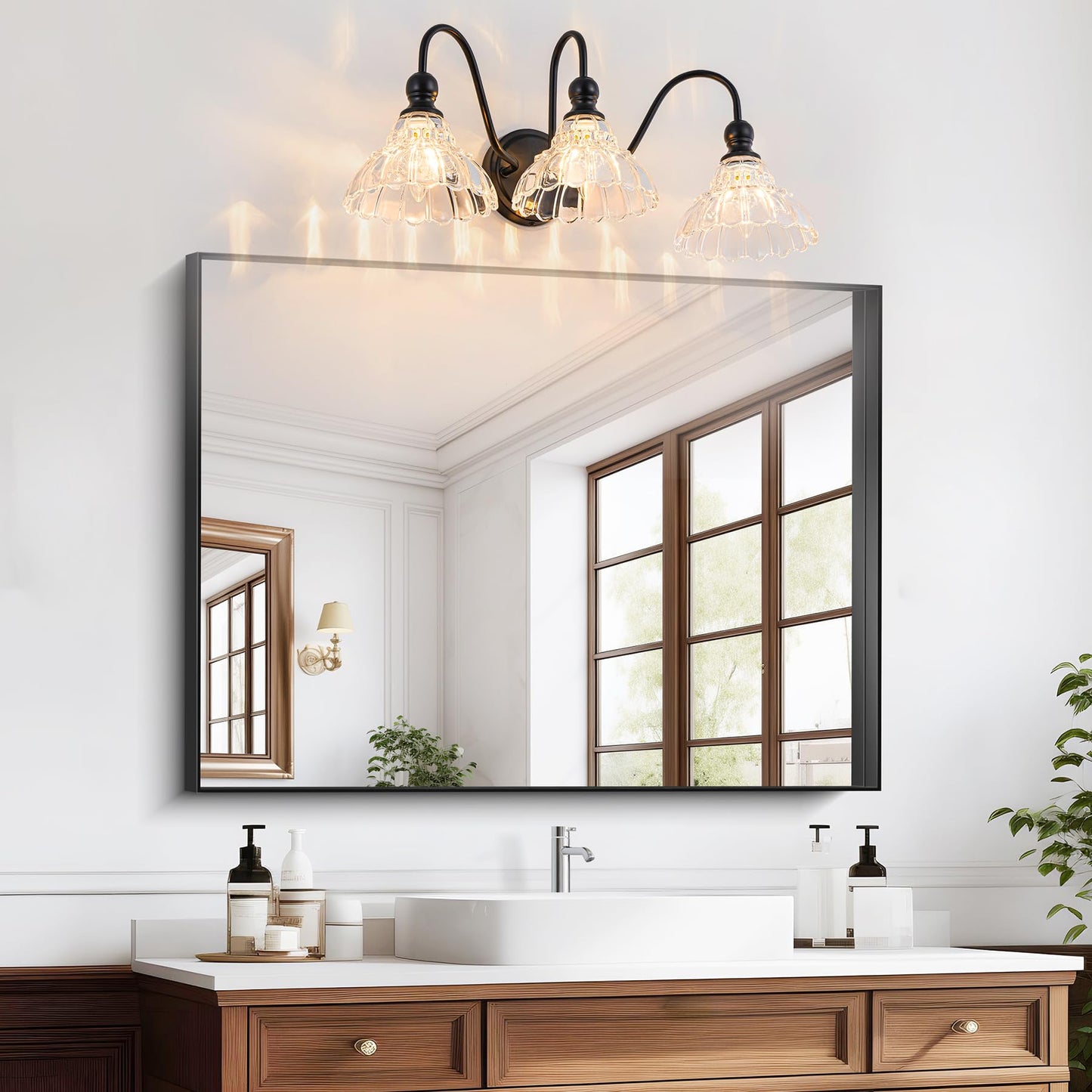 Brknit Vintage Bathroom Light Fixtures Over Mirror  3-Light Black Wall Sconce Lighting With Flower Glass Shade  Farmhouse Vanity Lights For Bedroom Kitchen Living Room Hallway Light