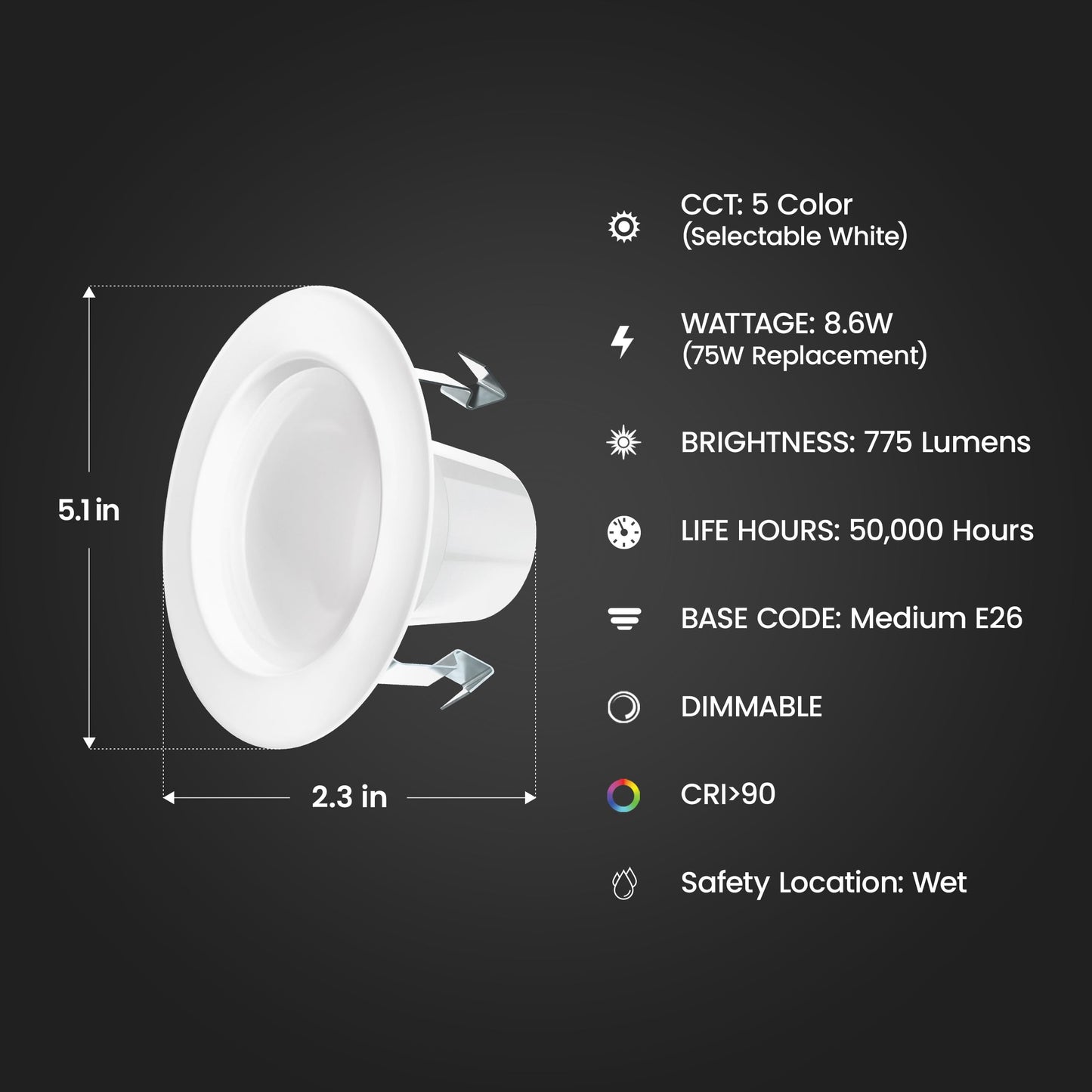 Feit Electric 4" Recessed LED Downlight, 75W Equivalent, Dimmable, Retrofit with E26 Adapter, 5CCT High Output, Light Switch Enabled, Lumen Select, 45-Year Lifetime, LEDR4HO/6WYCA/4, 4 Pack