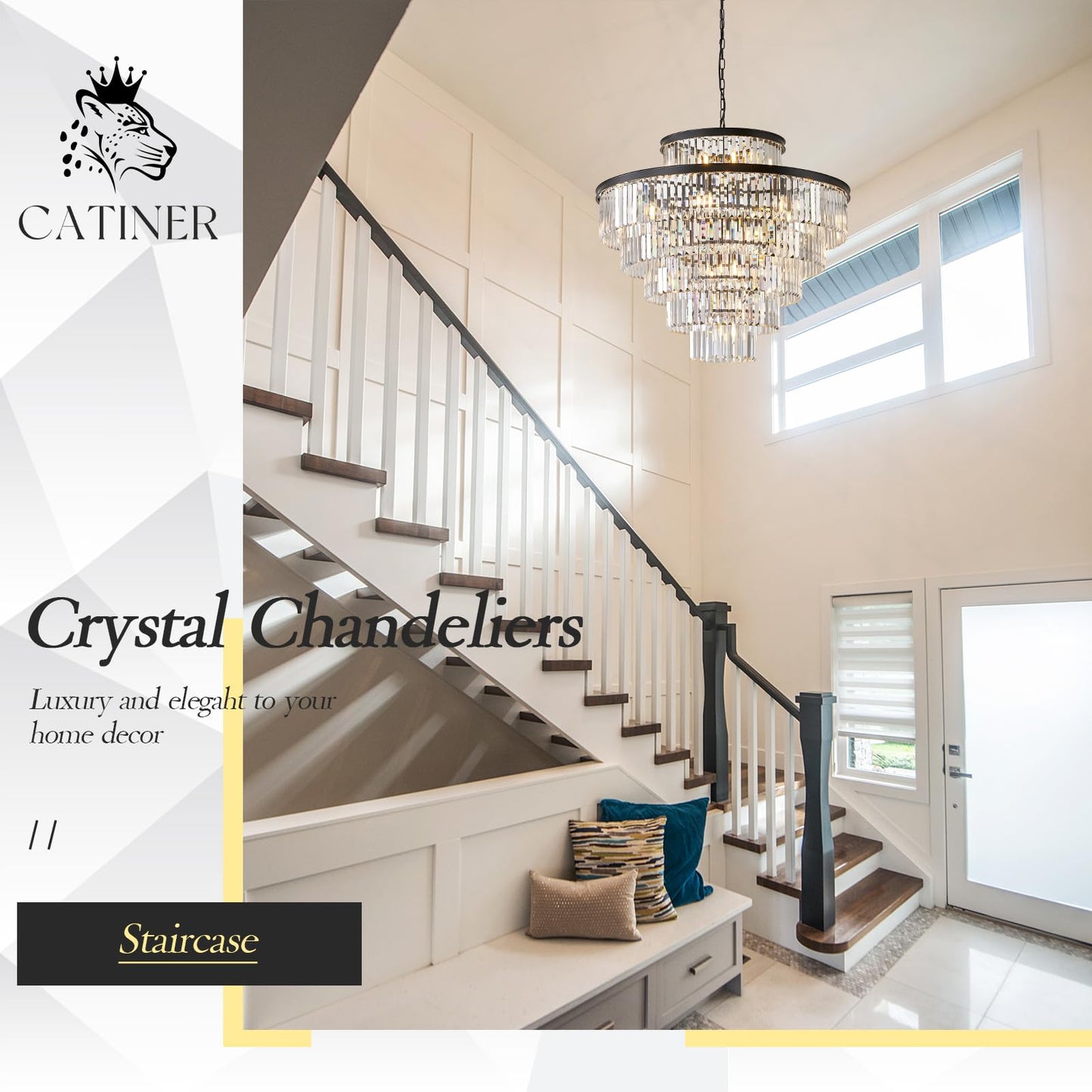 Large Crystal Chandeliers 23 Lights 36 Modern Black stylish Chandelier For Foyer Staircase Chandeliers 6 Tiers Round K9 Ceiling Pendant Lighting Fixture For Living Dining Room