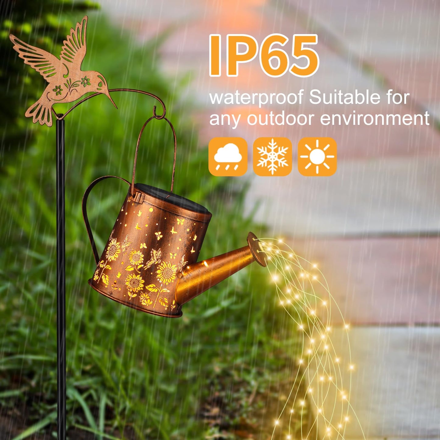 Outdoor Hanging Solar Lantern Waterproof Set Outside Metal Sunflower & Butterfly Watering Can Landscape Lights For Garden Yard Patio Pathway Decor Birthday Gifts For Women Mom Grandma -With Floor Pole