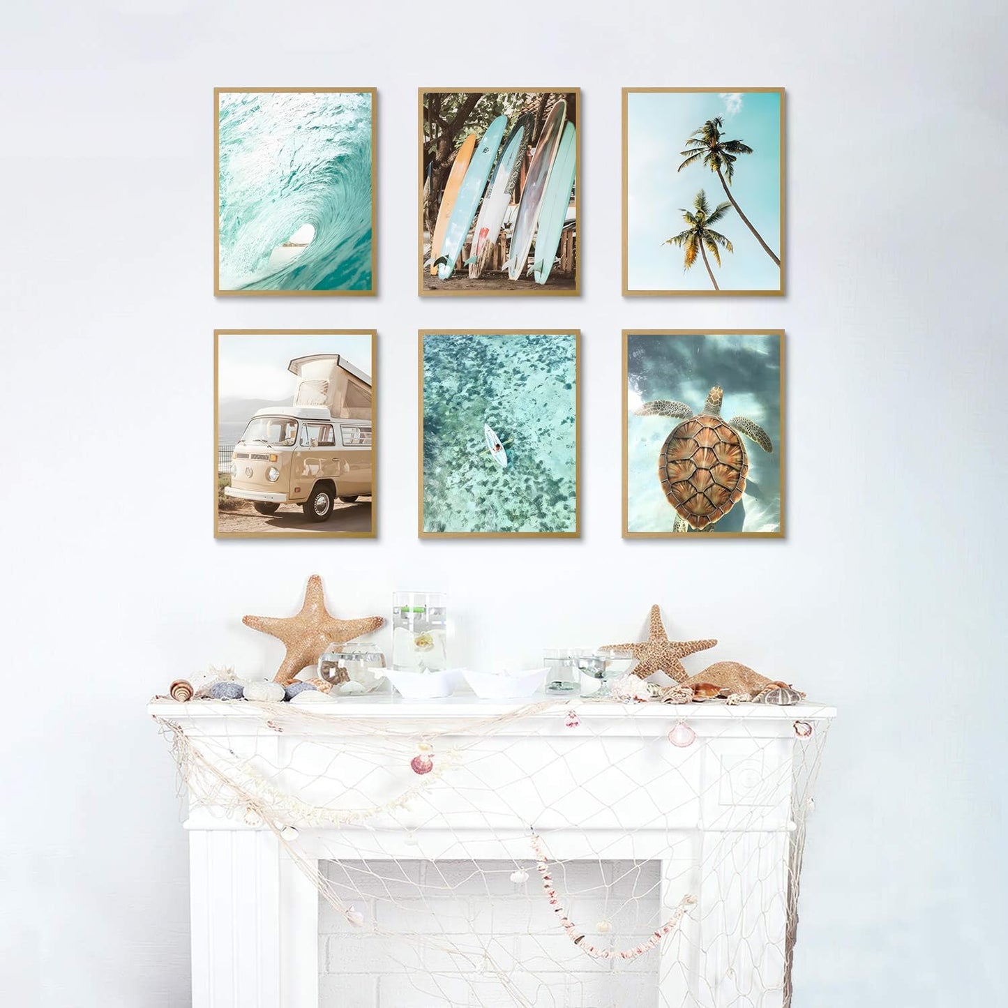 Laywhq Coastal Beach Wall Art Summer Ocean Surf Tropical Canvas Wall Decor Summer Nautical Palm Tree Turtle Surfboard Bus Room Paintings Prints Posters for Bedroom Living Room Set of 6 8x10in Unframed