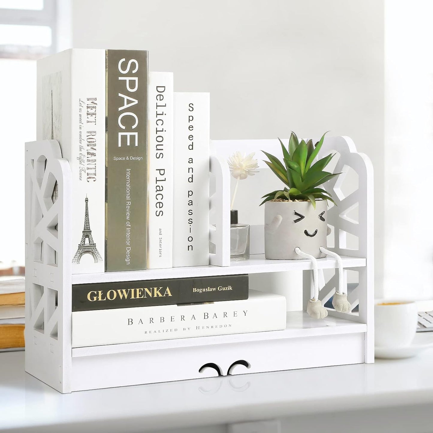 YGYQZ Small Bookshelf for Desktop Storage, Mini Cute Office Desk Shelves White Versatility Organizers for Women, Kids