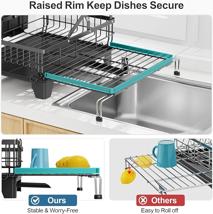 GSlife Large Dish Drying Rack - Extendable 2-in-1 Dish Racks for Kitchen Counter or Over Sink, 2 Tier Dish Drainer with Drainboard, Cups Holder and Utensil Holder, 14.4"-22.4" L x 16.9" W, Black