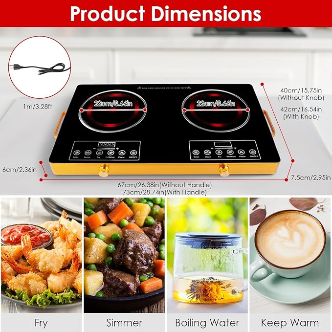 Double Burner Infrared Electric Cooktop, 3500W Ceramic Hot Plates for Countertop, 11 Power Levels 0-4H Timer, LED Display, Portable Handle, Portable Stove for Home RV Camping(Wood)