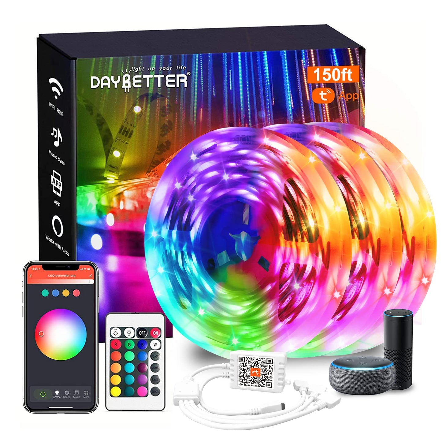 DAYBETTER Smart WiFi LED Strip Lights, 150ft Multicolor, App Controlled, Works with Alexa & Google Assistant, Remote Included