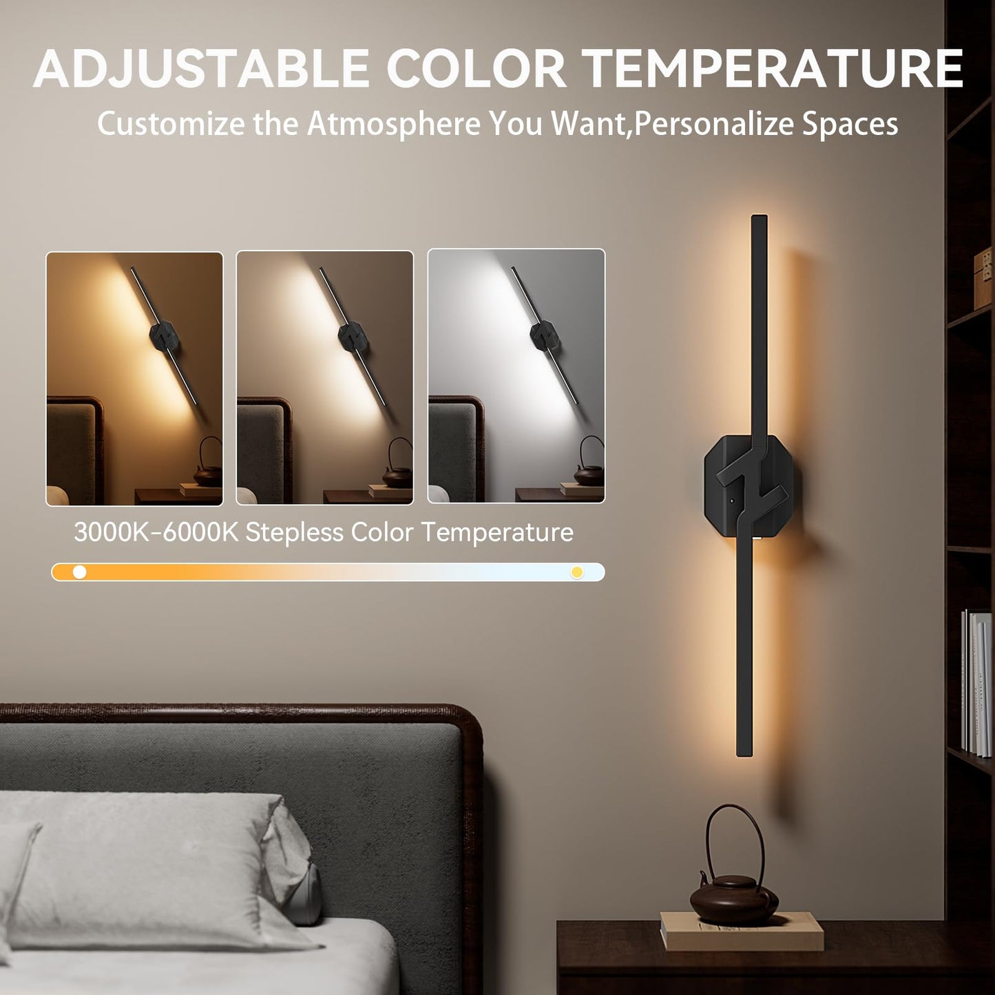 hunhun Battery Operated Wall Sconce Set of Two, USB Rechargeable, Dimmable 3000K-6000K, 28 inch, Black, Model BD730