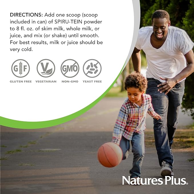 Natures Plus SPIRU-TEIN Simply Natural, Original Vanilla - 1.63 lb, Pack of 2 - Unsweetened Plant-Based Protein Shake - Non-GMO, Vegetarian, Gluten Free - 64 Total Servings