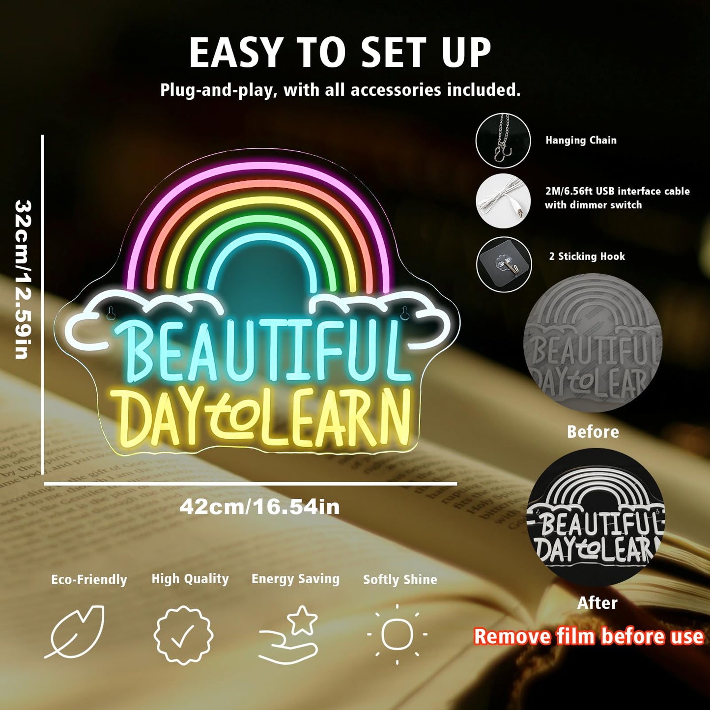 Beautiful Day To Learn Led Neon Sign  16.5X12.6 Usb Powered  Dimmable  5V/2A  For Classroom  Study Cornor Home  Gift  Office  Bedroom  Lifelong Learner