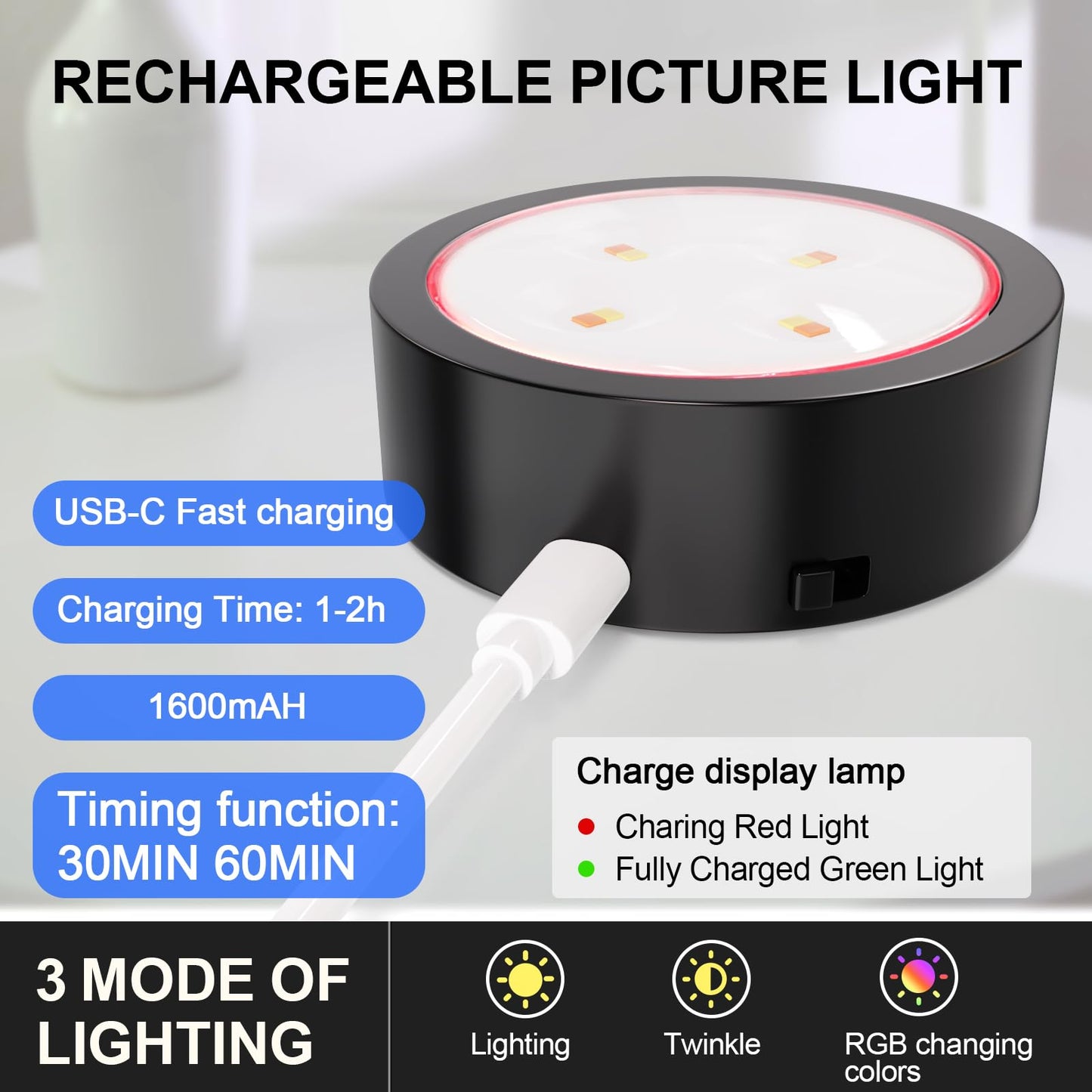 Narotood 3 Pack Picture Lights, RGB Color, Rechargeable Battery Operated, Wireless Magnetic, Remote Control, Black, Model 3BHD00012