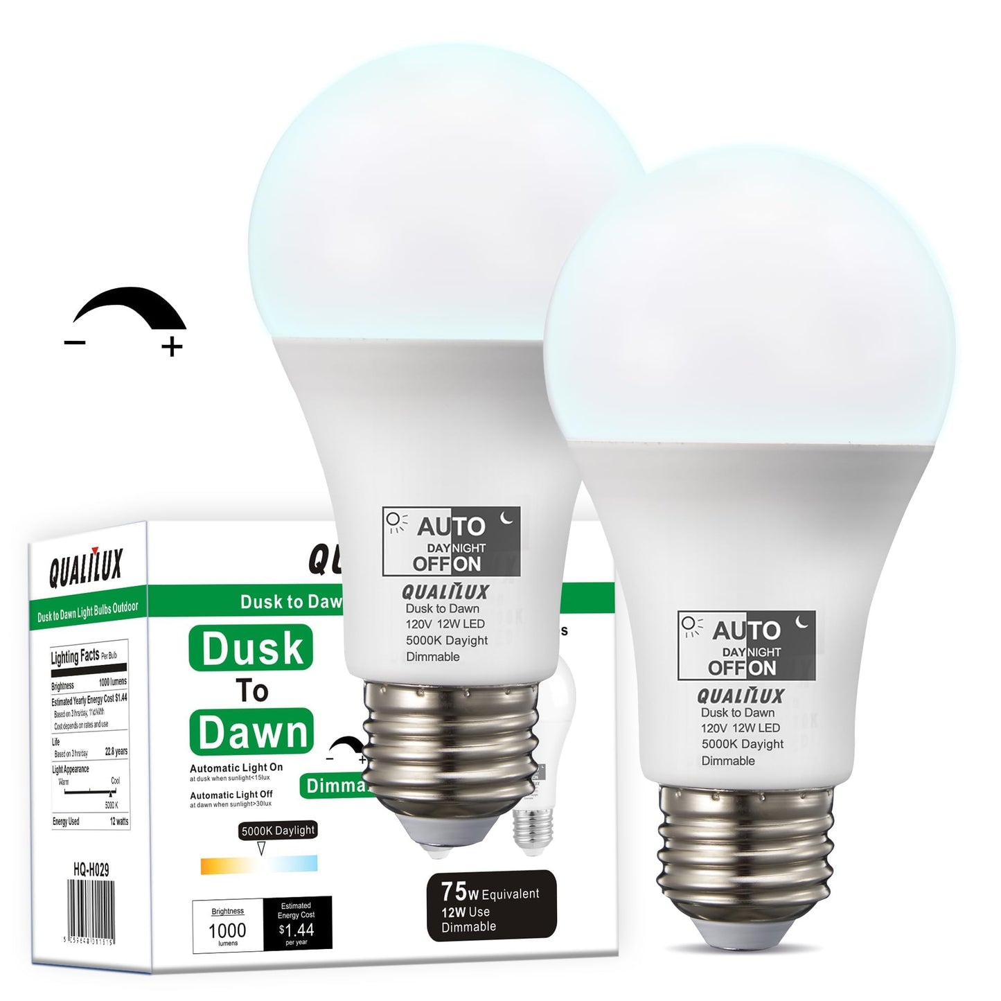 Qualilux Dimmable Outdoor Light Bulbs, 1000LM, 75W Equivalent, Daylight 5000K, A19 E26 Base, 12W, 2 Pack