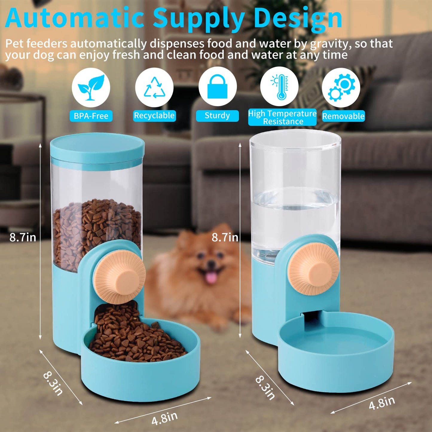 Kenond 40oz Hanging Automatic Rabbit Food and Water Dispenser, Dog Cage and Ferret Feeder, Gravity Cat Feeder Set, Cage Food Bowl for Bunny, Guinea Pig, Chinchilla (Green)